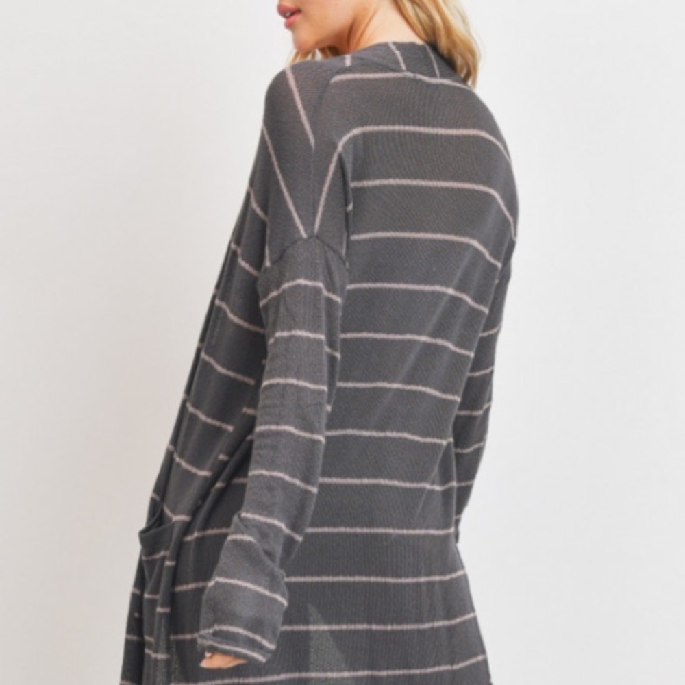 ❌DONATED❌Cherish Charcoal Gray Stripe Lightweight Knit Duster Cardigan Top - Picture 3 of 12